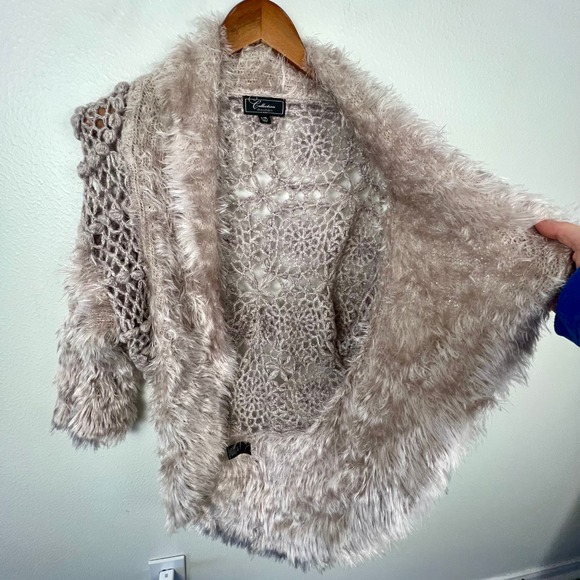 Fur Trim Crochet Sweater Fringe Sleeves Large Boho Indie Granola Earthy Y2K - Picture 6 of 16